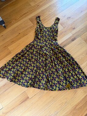 Fit-and-Flare Turnip Print Dress in Navy, Mustard & Red